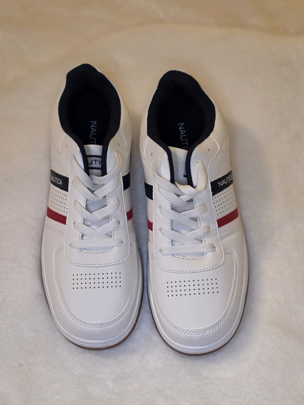 Youth Nautica White Sneakers with Red & Navy Stripe Accents